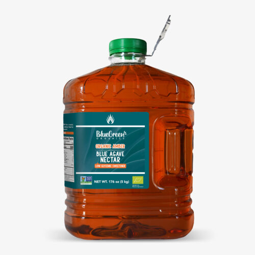 Plastic canister of IMAG Organics - 100% Blue Agave Syrup Amber with green cap and label highlighting low glycemic sweetener